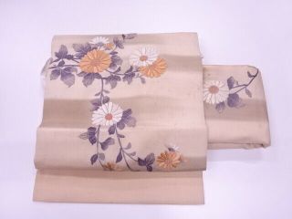 76511 Japanese Kimono / Antique Tsukuri Obi / Embroidery / Floral Plants