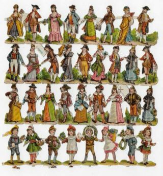 Antique Victorian Small People Costumes Die Cut Scrap Oblaten Glanzbilt 6 " Sheet