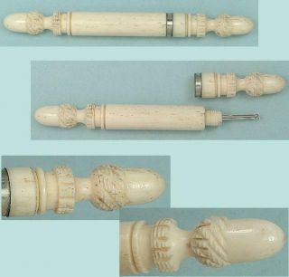 Antique Carved Bone Needle Case W/ Acorn Finials English Circa 1880