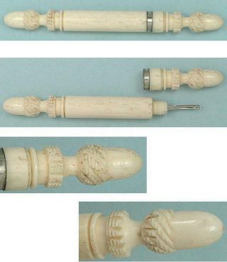 Antique Carved Bone Needle Case w/ Acorn Finials English Circa 1880 2