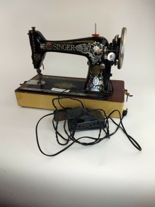 Antique 1921 Singer Sewing Machine Model 66 Red Eye Electric With Case