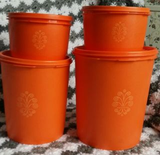 4 Pc Vintage Tupperware Tangerine Orange Canister Set W/lids