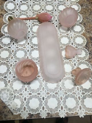 Vintage Pink Satin Glass Vanity Tray,  Decanter Bottle,  Lidded Jar and Atomizer 3