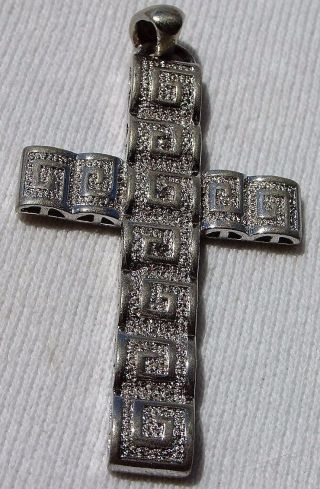 Rhodium Plate 925 Sterling Silver 2 " Tall Cross Pendant Greek Key Diamond Chip