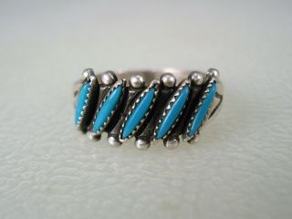 Old Fred Harvey Era Sterling Silver & 5 Petitpoint Turquoise Row Ring Sz 7 Bell