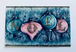 Vintage Hallmark Che Card Pink Blue Mid Century Ornament Gold Glitter Noel Tree