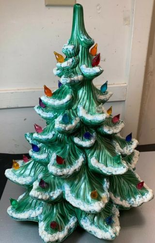 Vtg Light Up Ceramic Christmas Tree Base Green Bird Bulbs 14” Tall Atlantic Mold