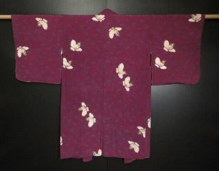 0628s09z460 Antique Japanese Kimono Silk Long Haori Red - Purple Bird