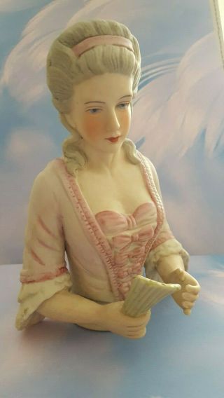 Bisque 1920s Style Regal " Madame De Pompadour & Fan " Pin Cushion Half Doll