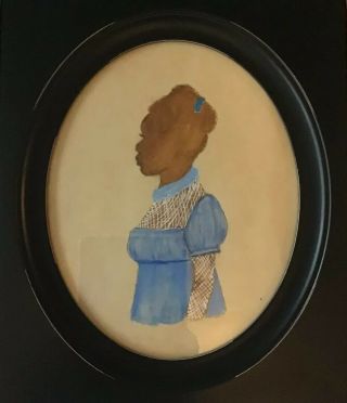 Mid Centry Silhouette African American Folk Art Painting Lady In Blue Dress