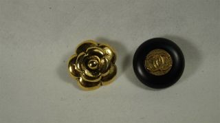 Authentic Chanel Gold Camellia Flower & Black Round Buttons