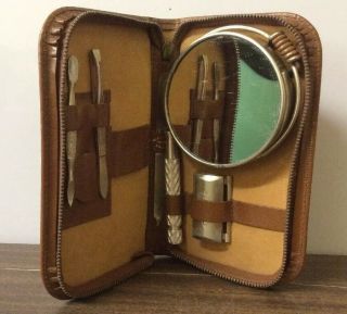Vtg Mens Travel Shaving Kit /zippered Leather Case Gillette Safety Razor Mirror