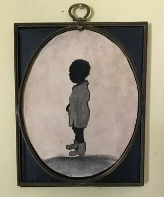 ANTIQUE SILHOUETTE AFRICAN AMERICAN FOLK ART PAINTING LITTLE BOY FRAMED 2