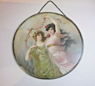 Vintage Antique Glass Chimney Flu Flue Cover Lithograph Victorian Dancing Women