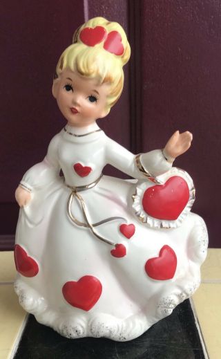 Vintage Valentines Day Blond Girl In Heart Dress & Purse Planter Vase 50 