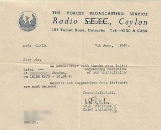1949 Qsl: The Forces Broadcasting Service,  Radio Seac,  Colombo,  Ceylon