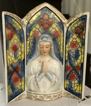 Vintage Virgin Mary Vase,  Church Stained Glass Window Religious Madonna Planter 3