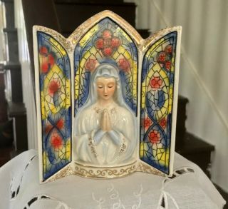 Vintage Virgin Mary Vase,  Church Stained Glass Window Religious Madonna Planter 5