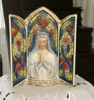 Vintage Virgin Mary Vase,  Church Stained Glass Window Religious Madonna Planter 7