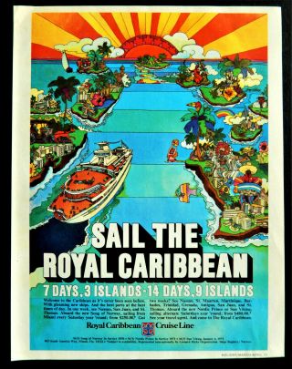 Vtg 1972 Royal Caribbean Cruise Line Ship Travel Advertisement Print Ad Art
