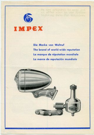 Impex Bicycle Lamp Brochure - Vintage - Mth 85 - Horn 15h - Fs98 - Fs54 - Generator 800