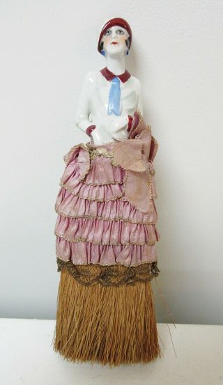 Vintage Porcelain Figural Half - Doll Whisk Broom Brush Flapper