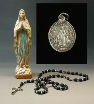Antique French Silver Miraculous Medal & Mary Our Lady Of Lourdes & Rosary