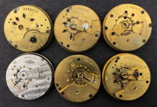 6 Antique 18s Antique Pocket Watch Movements For Parts/repair Elgin Waltham