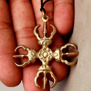 2 " Handmade 24k Gold Plated On Copper Double Vajra/dorje Pendant Mala Amulet