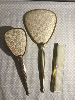 Vintage Vanity Brush And Hand Mirror Set With Gold / Silver Flowers