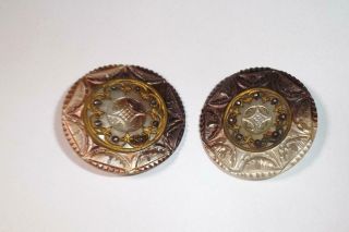 Antique heavily carved Mother Of Pearl & metal Buttons x 2 - large 40mm diameter 3