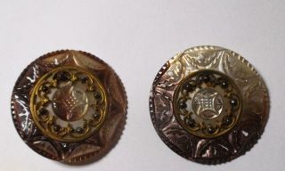 Antique heavily carved Mother Of Pearl & metal Buttons x 2 - large 40mm diameter 5