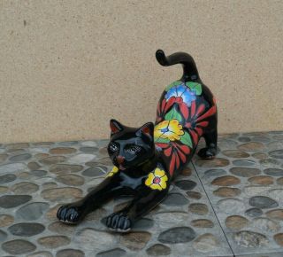 Cat Talavera Ceramic Black Feline Home Garden Patio Pottery Dogs Cats Animals