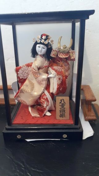 10 " Japanese Geisha Doll With Helment In Glass Display Case