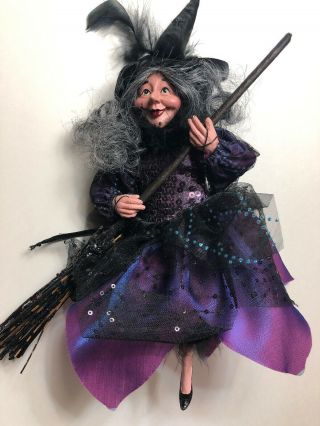 Creepy Doll 15 " Hanging Flying Witch On Broom Halloween Collectible Ornament