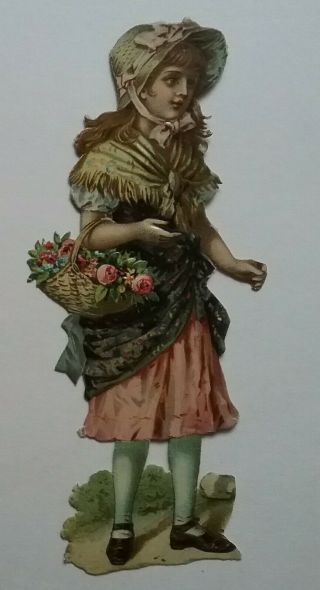 Large Antique Embos Chromo Victorian Scrap.  Lovely Girl With A Basket Of Flowers