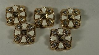 Set Of 5 Authentic Chanel White Enamel Gold Rhinestone 21.  5mm Square Buttons
