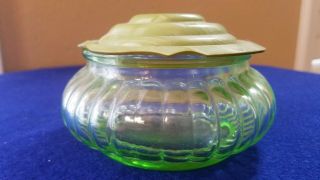 Vintage Green Vaseline Depression Glass Celluloid Covered Vanity Powder Jar