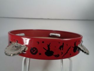 Vtg Halloween Toy Tambourine Tin Litho Noise Maker - Witches,  Black Cats,  Pumpkin