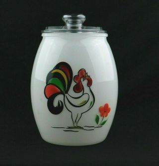 Vintage Bartlett Collins Glass Cookie Jar Canister Lid Painted Rooster Chicken