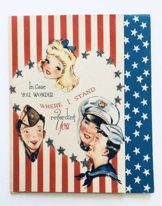 Nos Vintage Greeting Card Patriotic American Flag Girl Army Military Sailor Star
