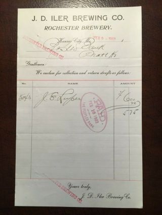 F) 1900s Jd Iler Brewing Brewery Kansas City Mo Rochester Paper Sign Letterhead