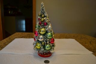 Vintage Holt Howard Bottle Brush Xmas Tree,  Ornaments & Flocked,  Glitter 10 " T