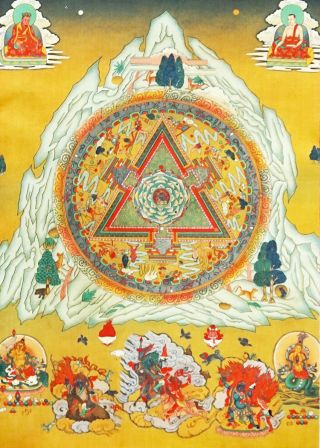 24 " Tibet Buddhism Thangka Printed Buddhist Mandala On Silk Brocade Wood Scroll