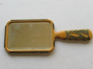 Vintage Decorated Brass over Bakelite Handheld Mirror 2