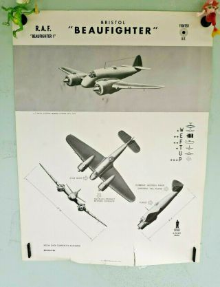Ww2 Aircraft Recognition Poster,  Uk British R.  A.  F.  Bristol Beaufighter,  Fighter