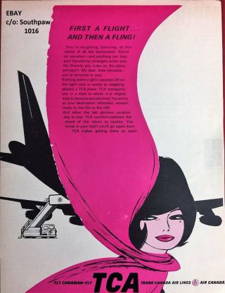 1963 Tca Airlines " First A Flight.  Then A Fling " Vintage Print Advertisement
