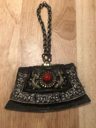 Antique Tibetan Flint Pouch With Coral And Fish Emblem