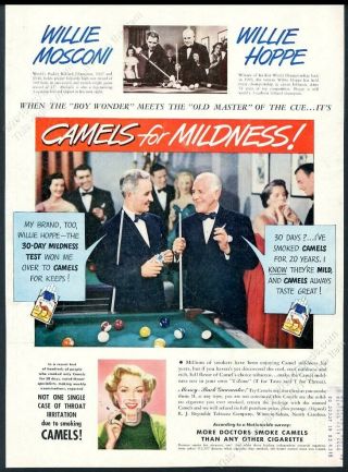 1949 Willie Mosconi Willie Hoppe Pool Table Photo Camel Cigarettes Print Ad