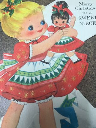 Vtg Christmas Card Girl Red Dress Doll Pinafore Black Shoes Blonde Blue Eyes